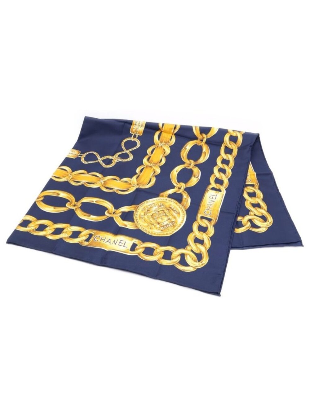 Chanel Cambon Line Chain Belt Pattern Vintage Silk Scarf Navy Gold